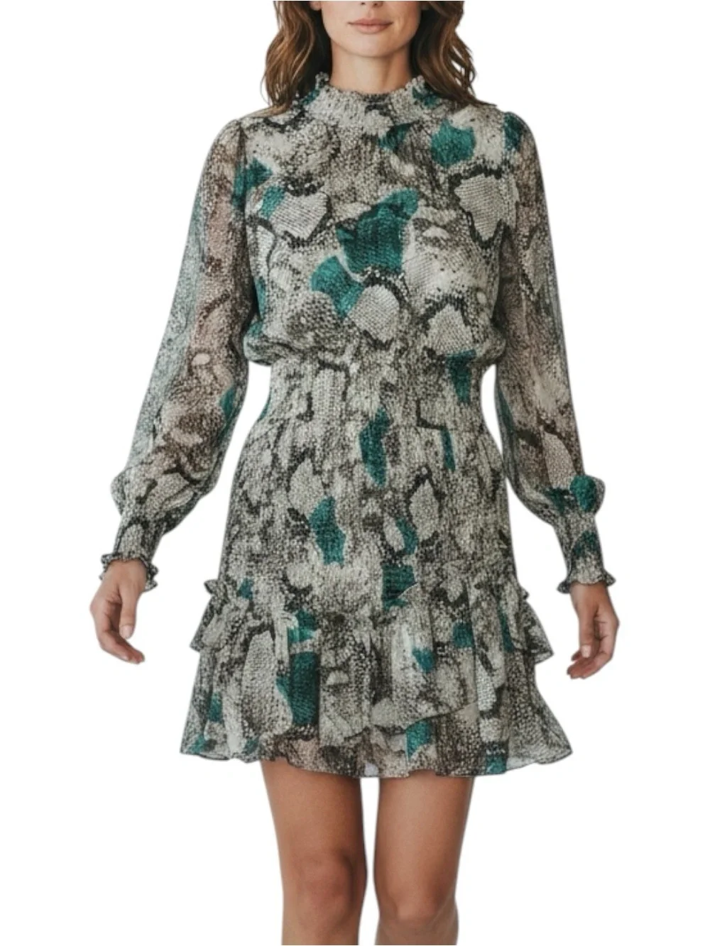 BUDDY LOVE Teal / Gray Ruffle ZoZo Snake-Print Long Sleeve Mini Dress MED NWT